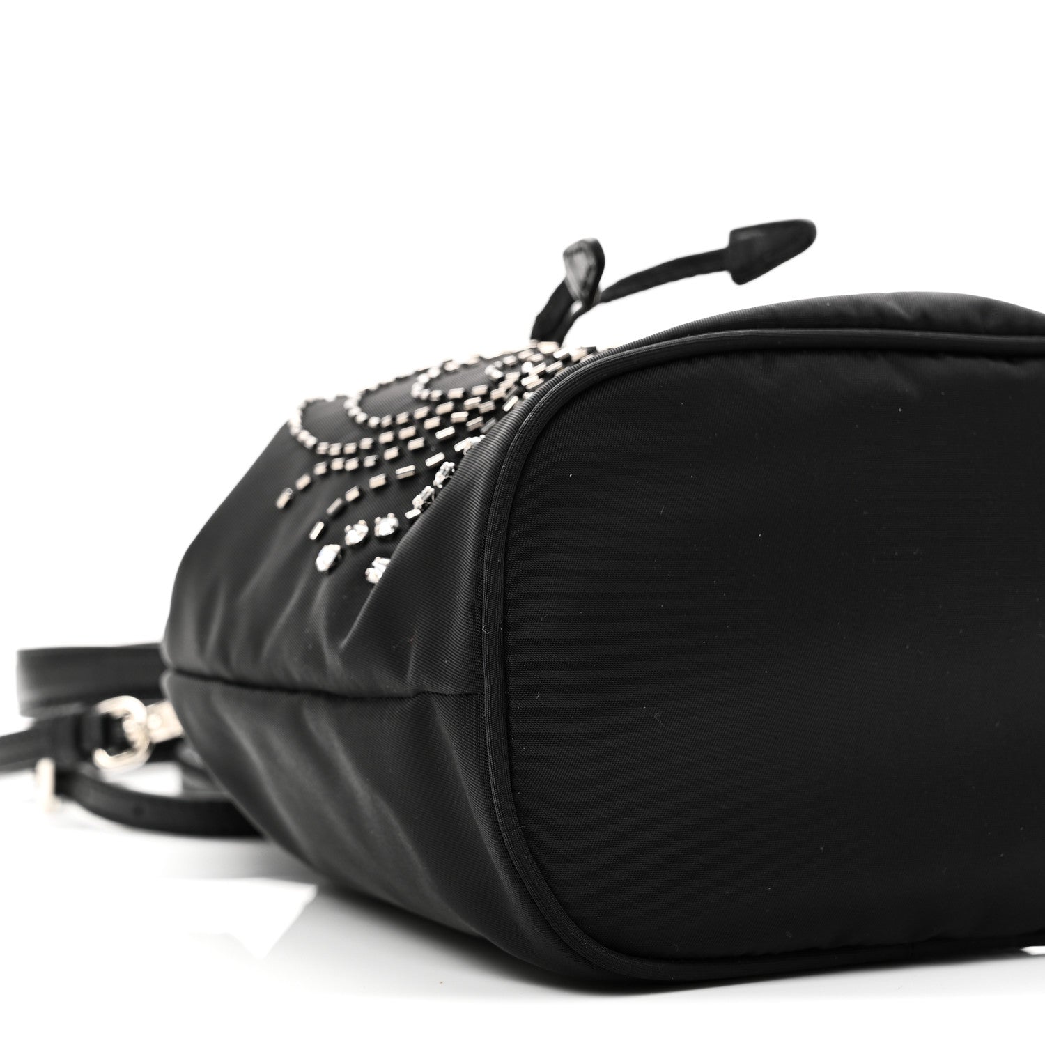 Prada Tessuto Saffiano Ricamo Sequin Crystal Embellished Mini Re-Edition 1978 Bucket Bag Black