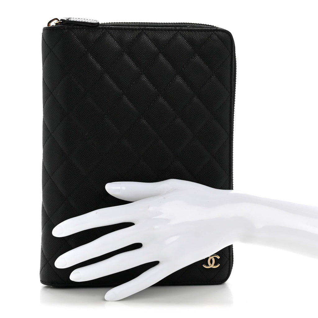 Caviar Quilted Zip Around Notebook Agenda Cover Black