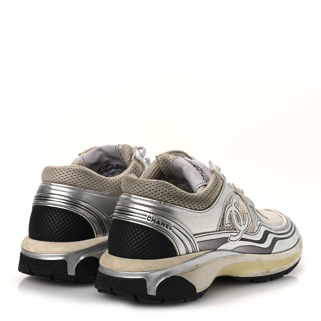 Fabric Laminated Calfskin Stretch CC Sneakers 39.5 White Silver