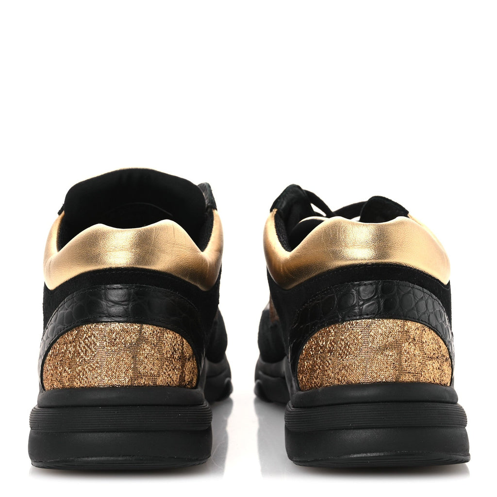 Metallic Fabric Suede Calfskin Crocodile Embossed Mens CC Sneakers 45 Black Gold