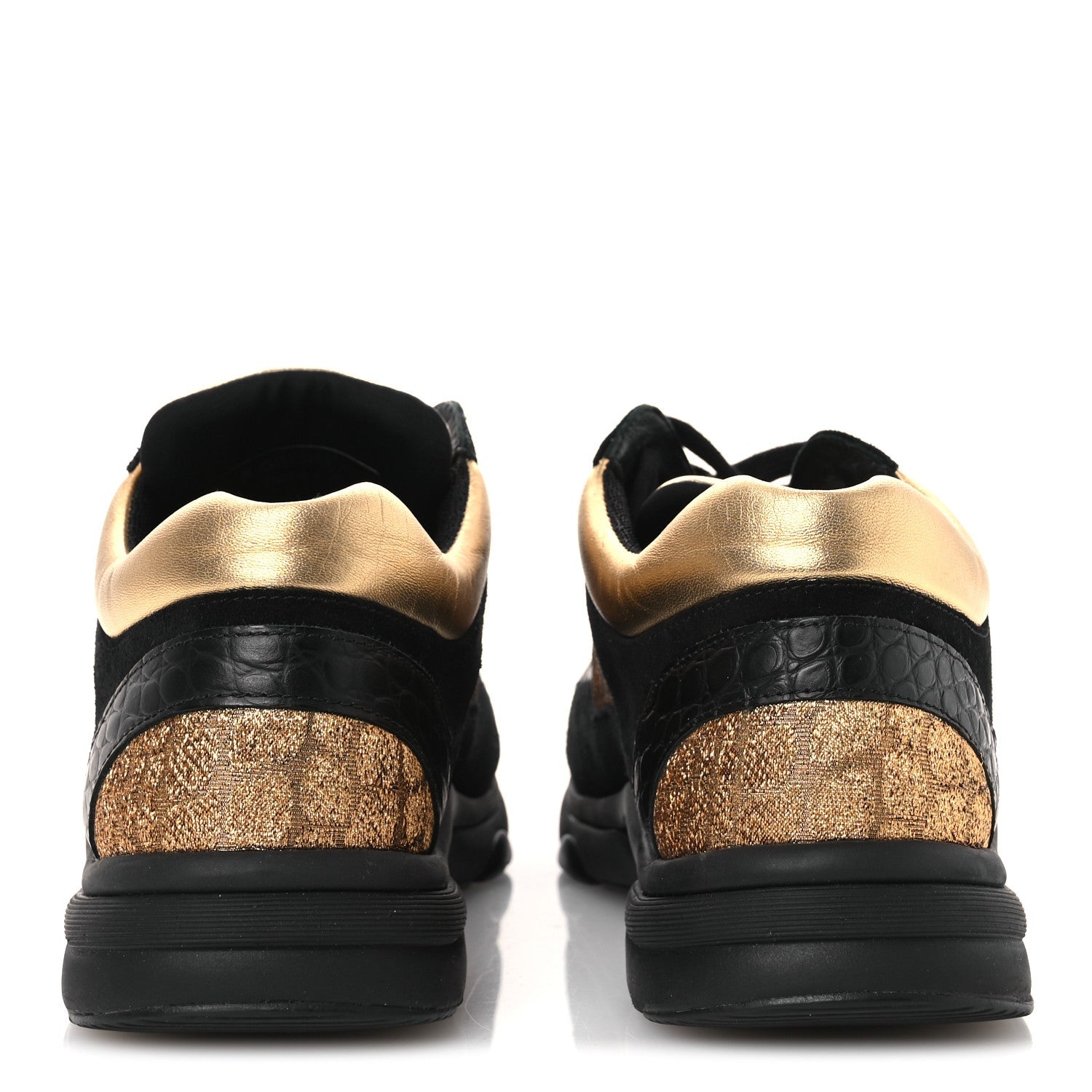 Metallic Fabric Suede Calfskin Crocodile Embossed Mens CC Sneakers 45 Black Gold