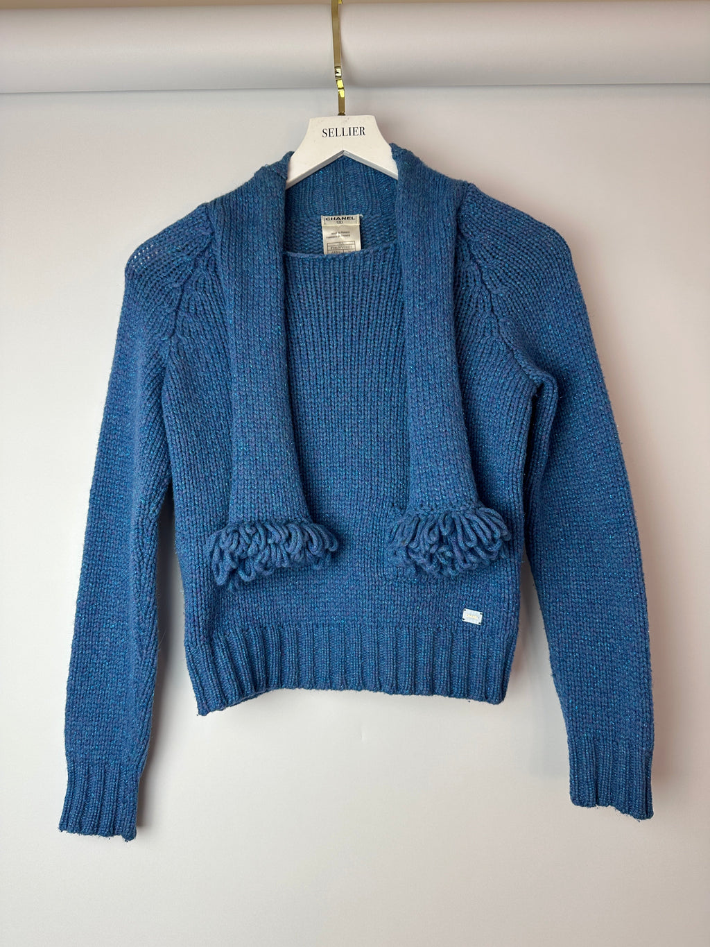 Chanel 01/A Blue Wool Jumper With Scarf Tie and Sparkle Detail Size FR 38 (UK 10)