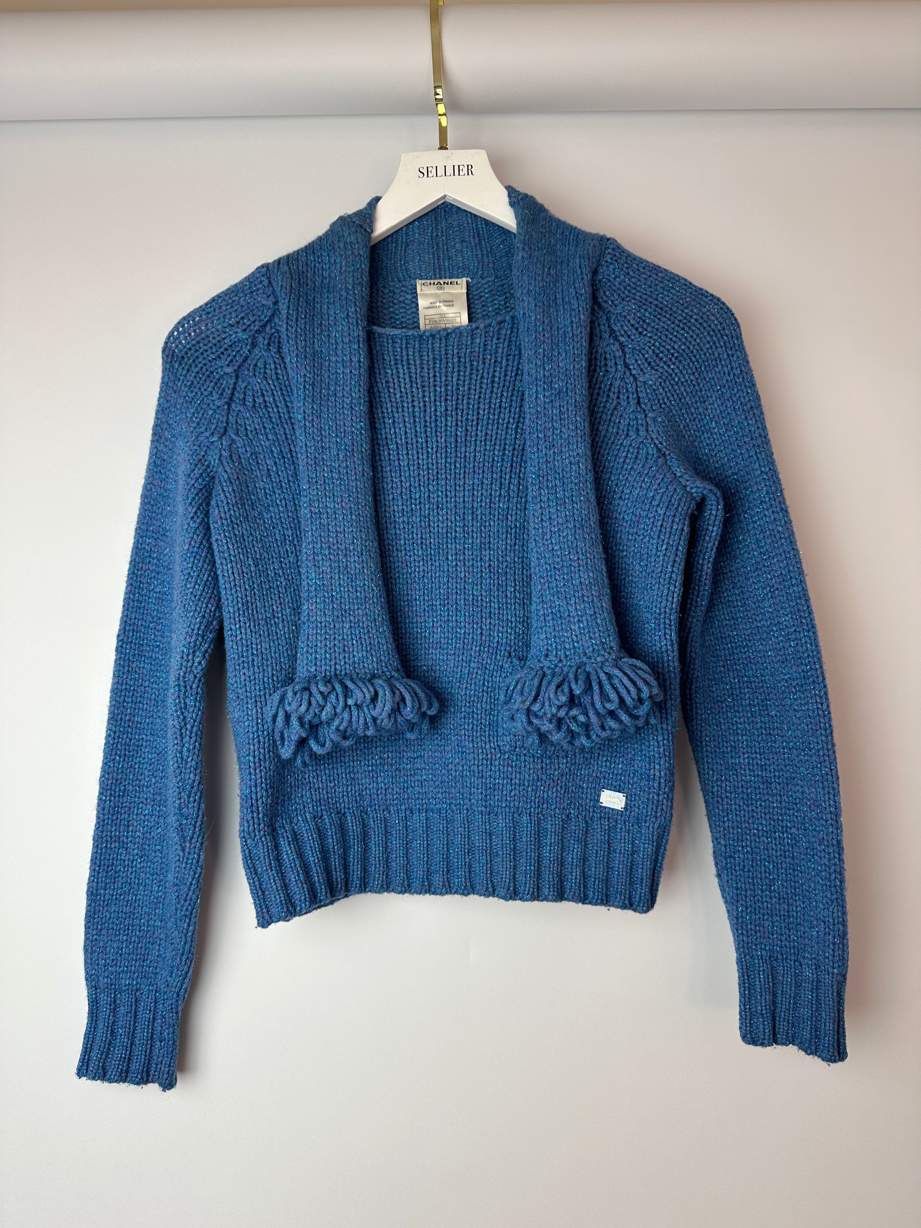 Chanel 01/A Blue Wool Jumper With Scarf Tie and Sparkle Detail Size FR 38 (UK 10)