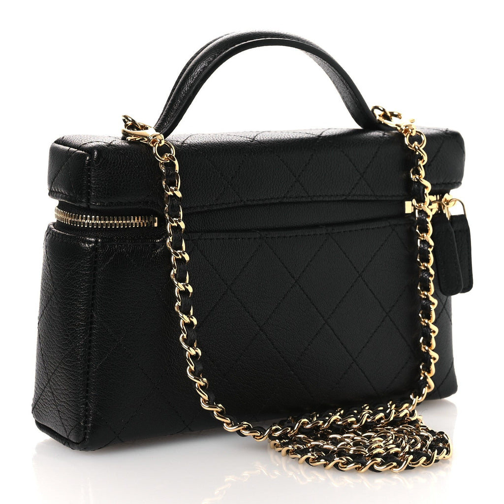 Chanel Goatskin Stitched Top Handle Slim Vanity With Chain Black