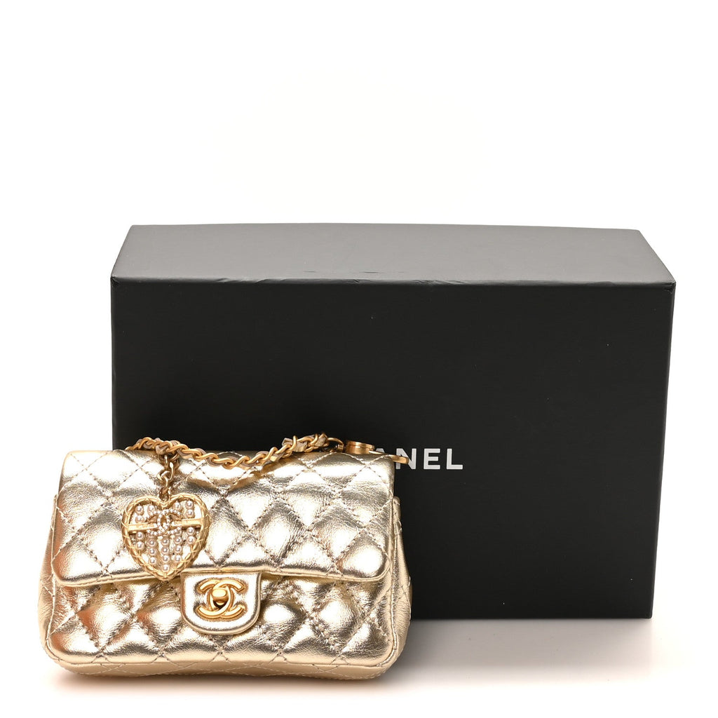 Metallic Calfskin Quilted Mini Flap Bag Charm With Hook Golden