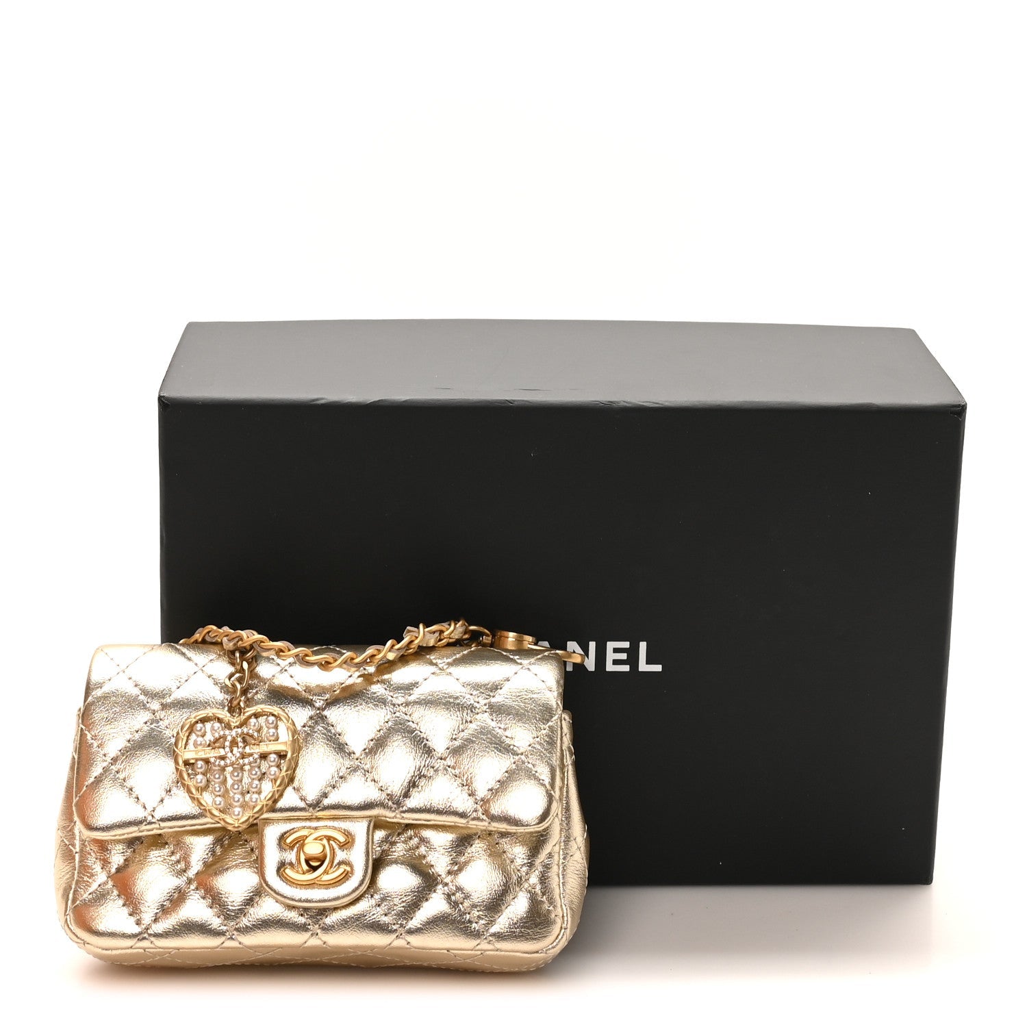 Metallic Calfskin Quilted Mini Flap Bag Charm With Hook Golden
