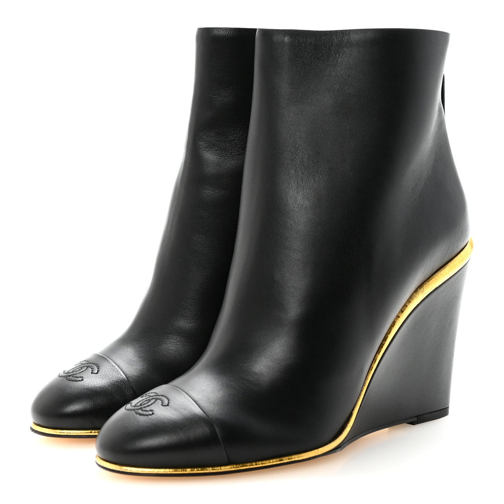Lambskin Cap Toe Wedge Ankle Boots 38 Black