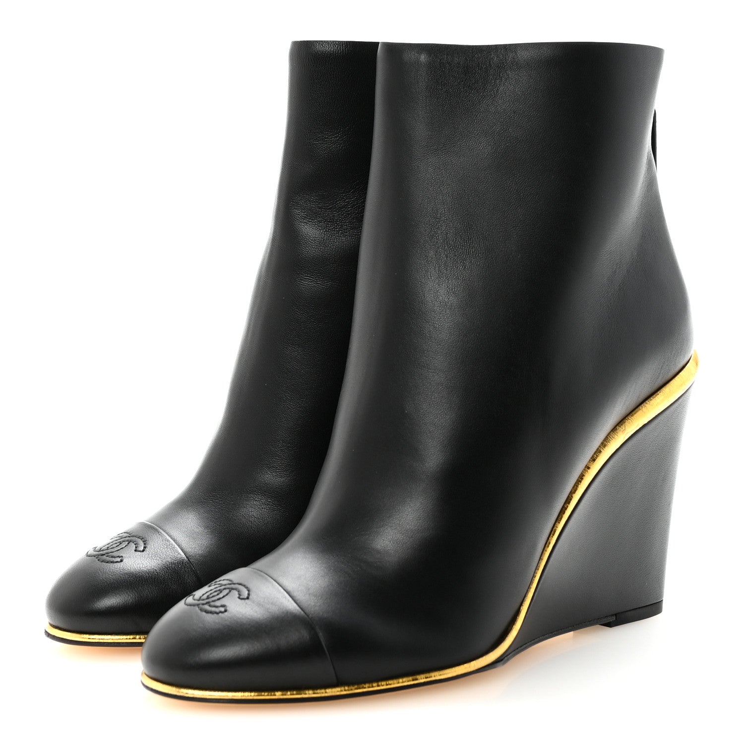 Lambskin Cap Toe Wedge Ankle Boots 38 Black