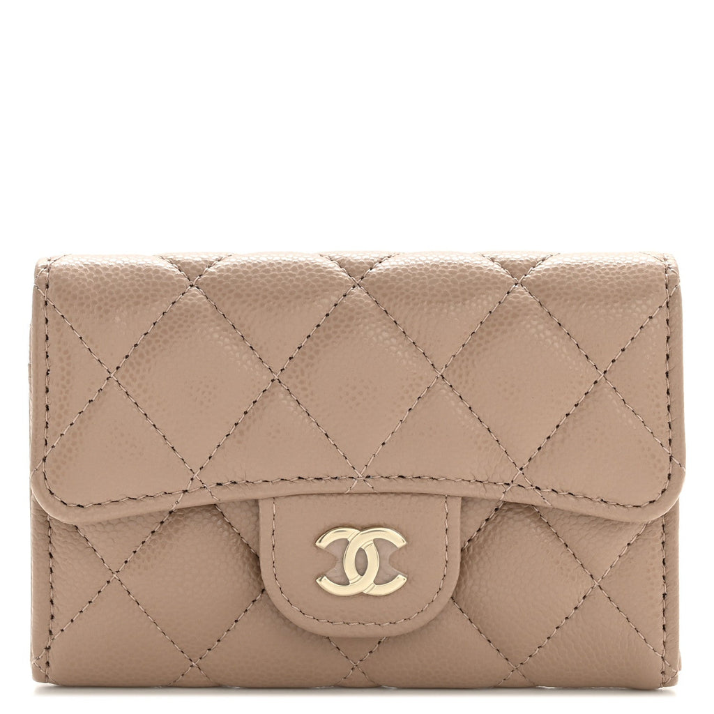 Caviar Quilted Flap Card Holder Wallet Dark Beige