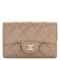 Caviar Quilted Flap Card Holder Wallet Dark Beige