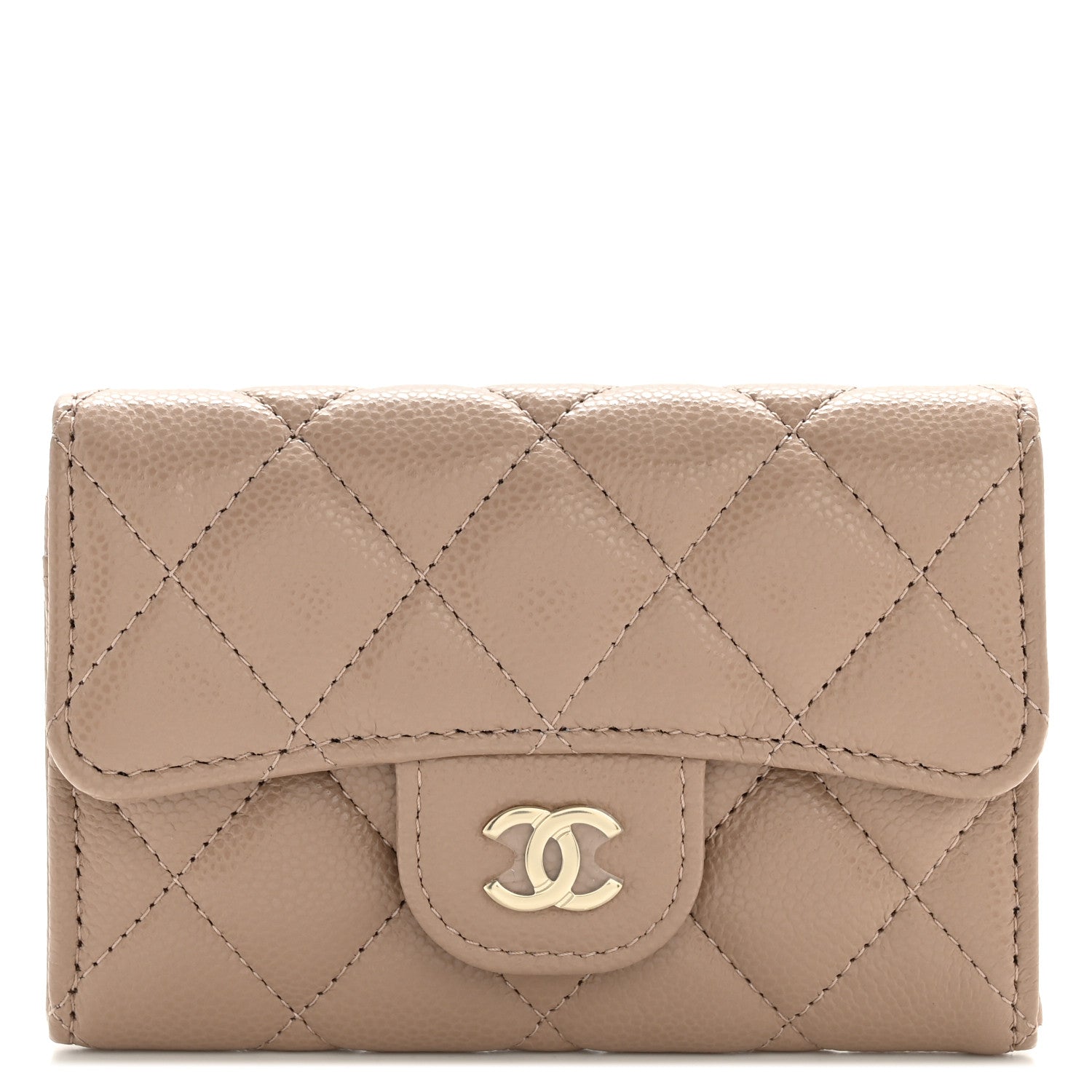Caviar Quilted Flap Card Holder Wallet Dark Beige