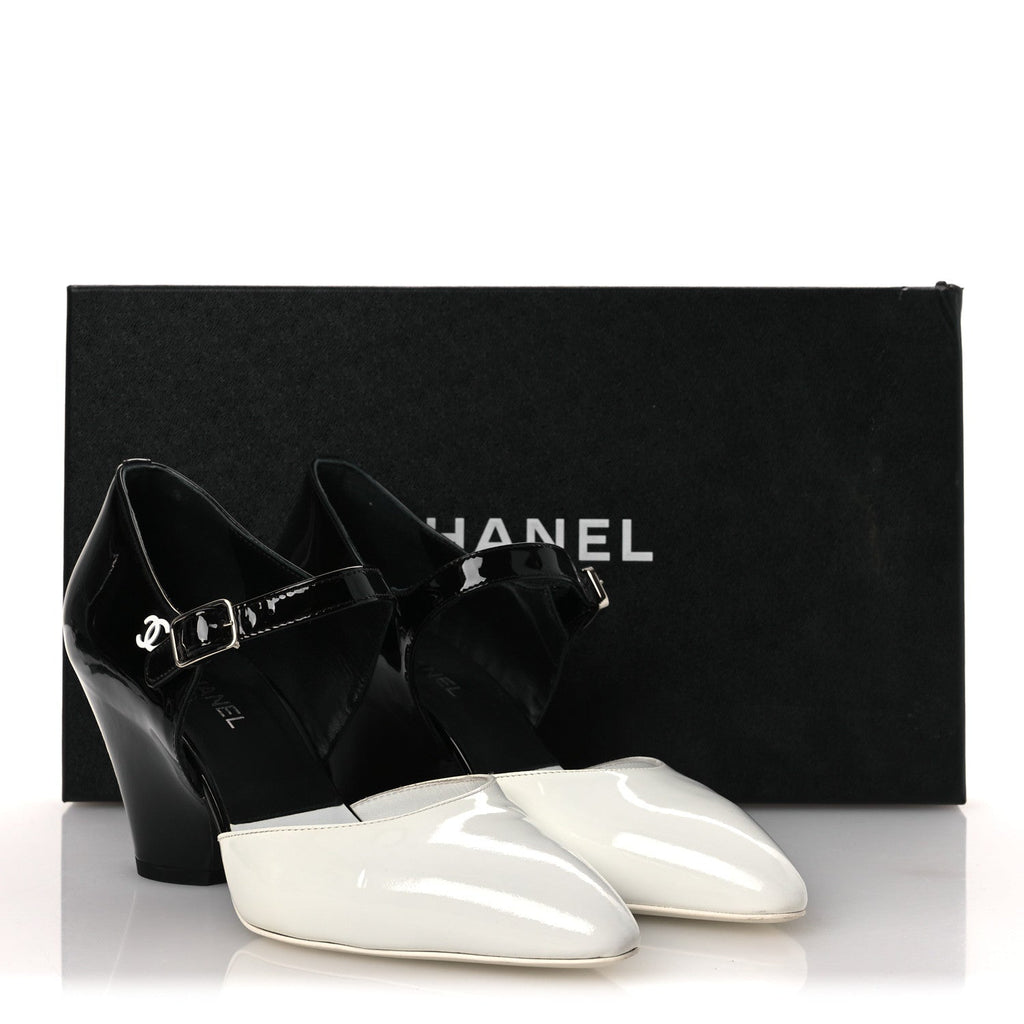 Patent Calfskin CC Pumps 37 White Black