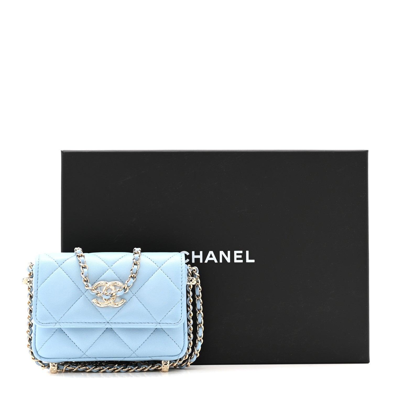 Chanel Lambskin Quilted Chain Around Coin Purse With Chain Light Blue