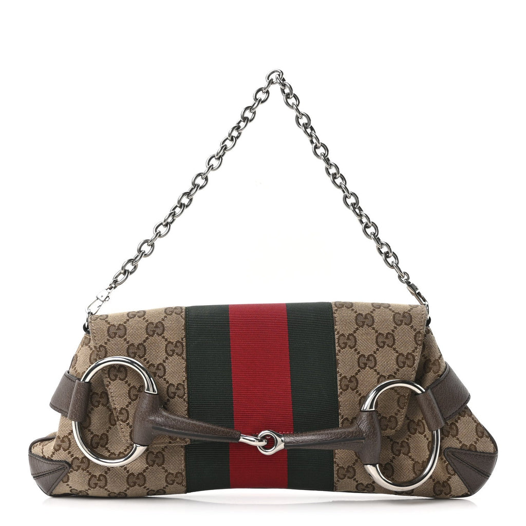Gucci Monogram Textured Dollar Calfskin Heavy Grosgrain Web Medium Maxi Horsebit Chain Shoulder Bag Beige Ebony New Acero