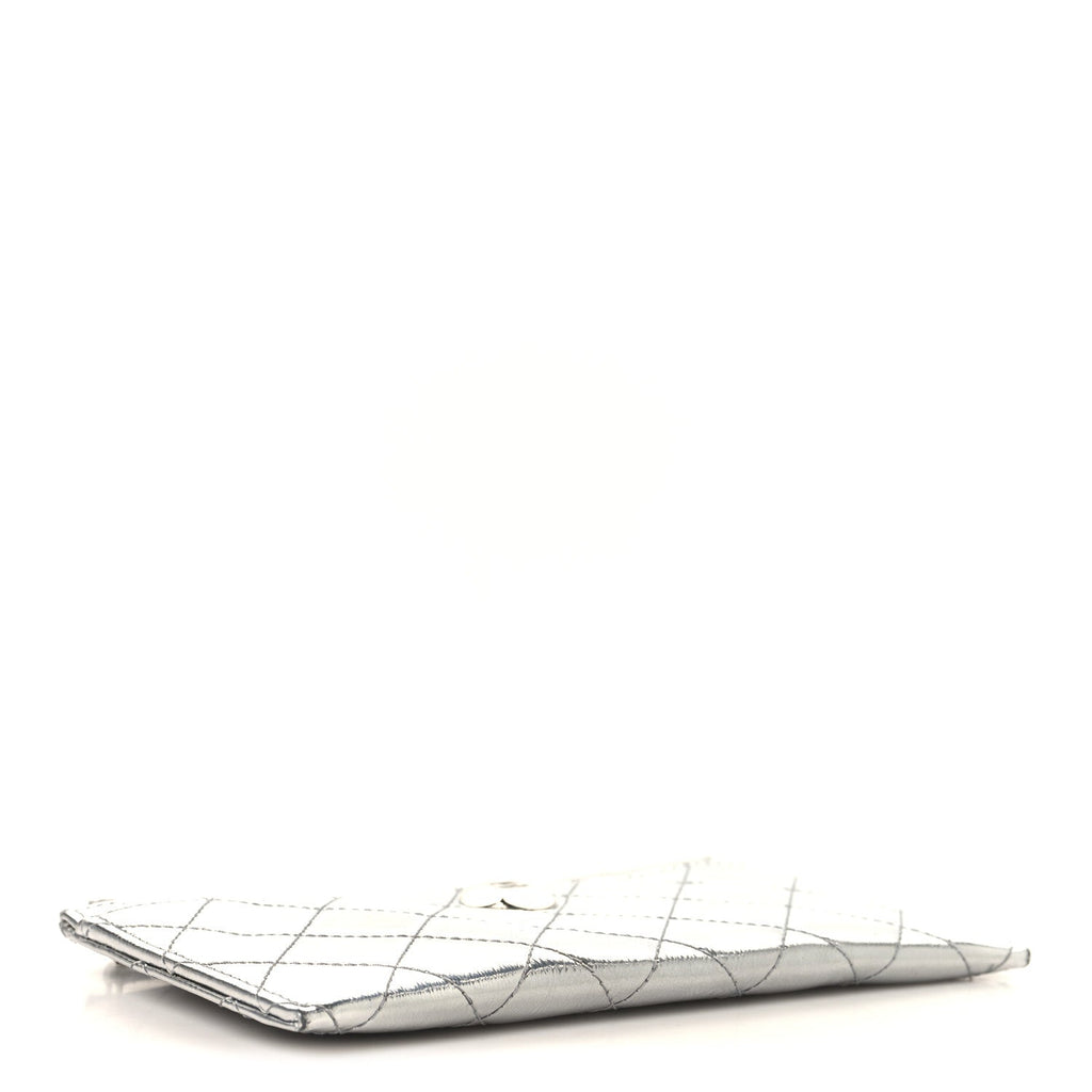 Metallic Calfskin Quilted Zip Pouch Silver