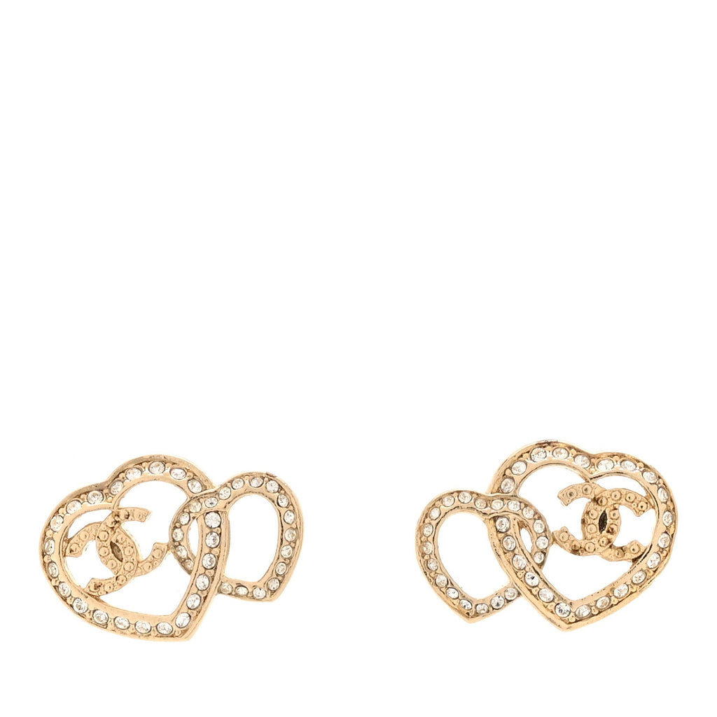 Crystal Metal CC Double Heart Earrings Gold