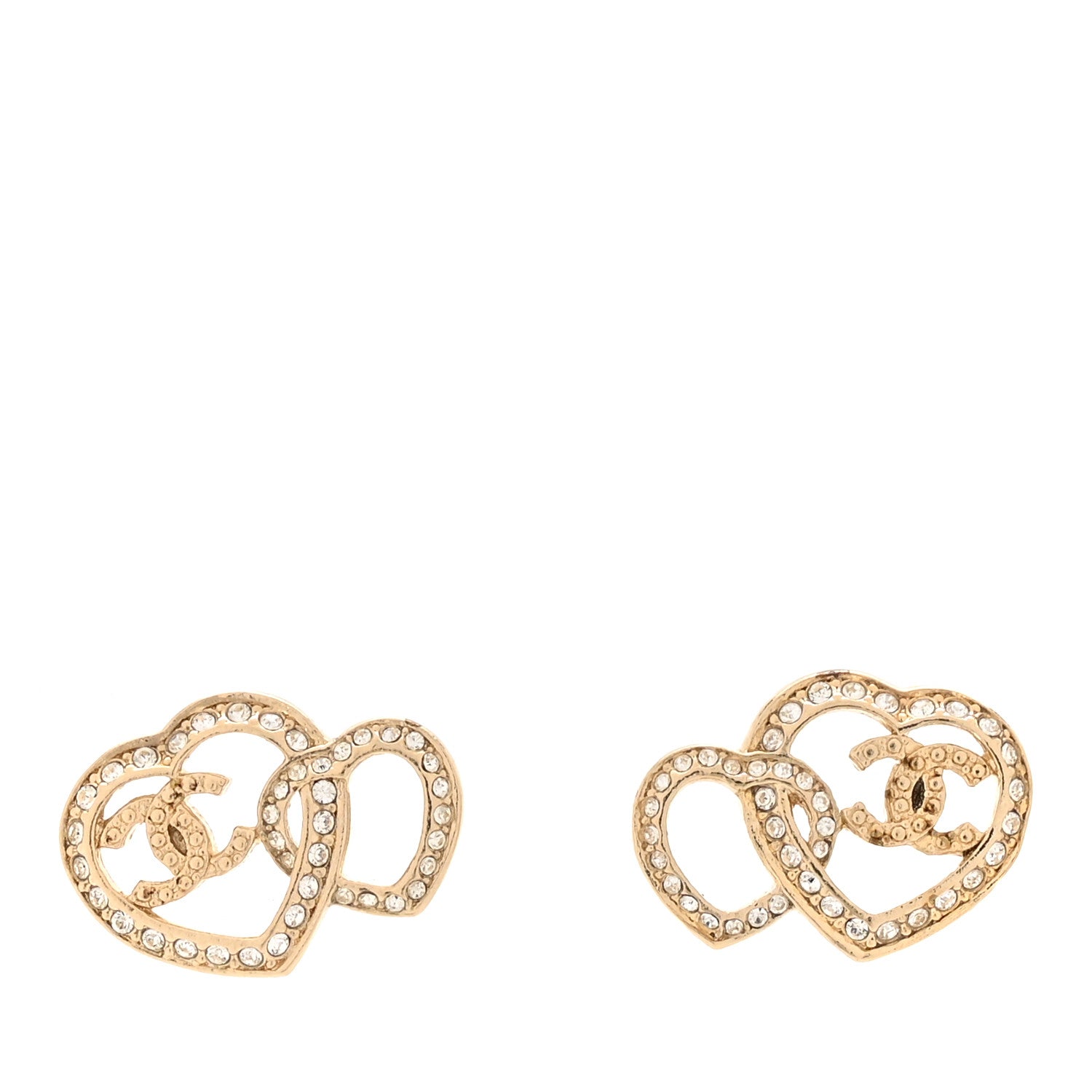 Crystal Metal CC Double Heart Earrings Gold