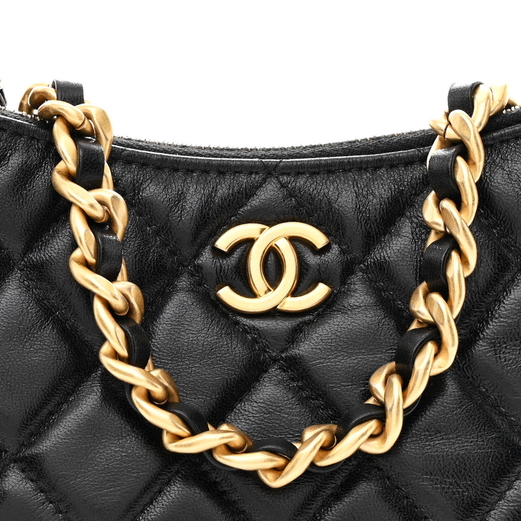 Chanel Lambskin Quilted Chain Around Top Handle Mini Bag Black