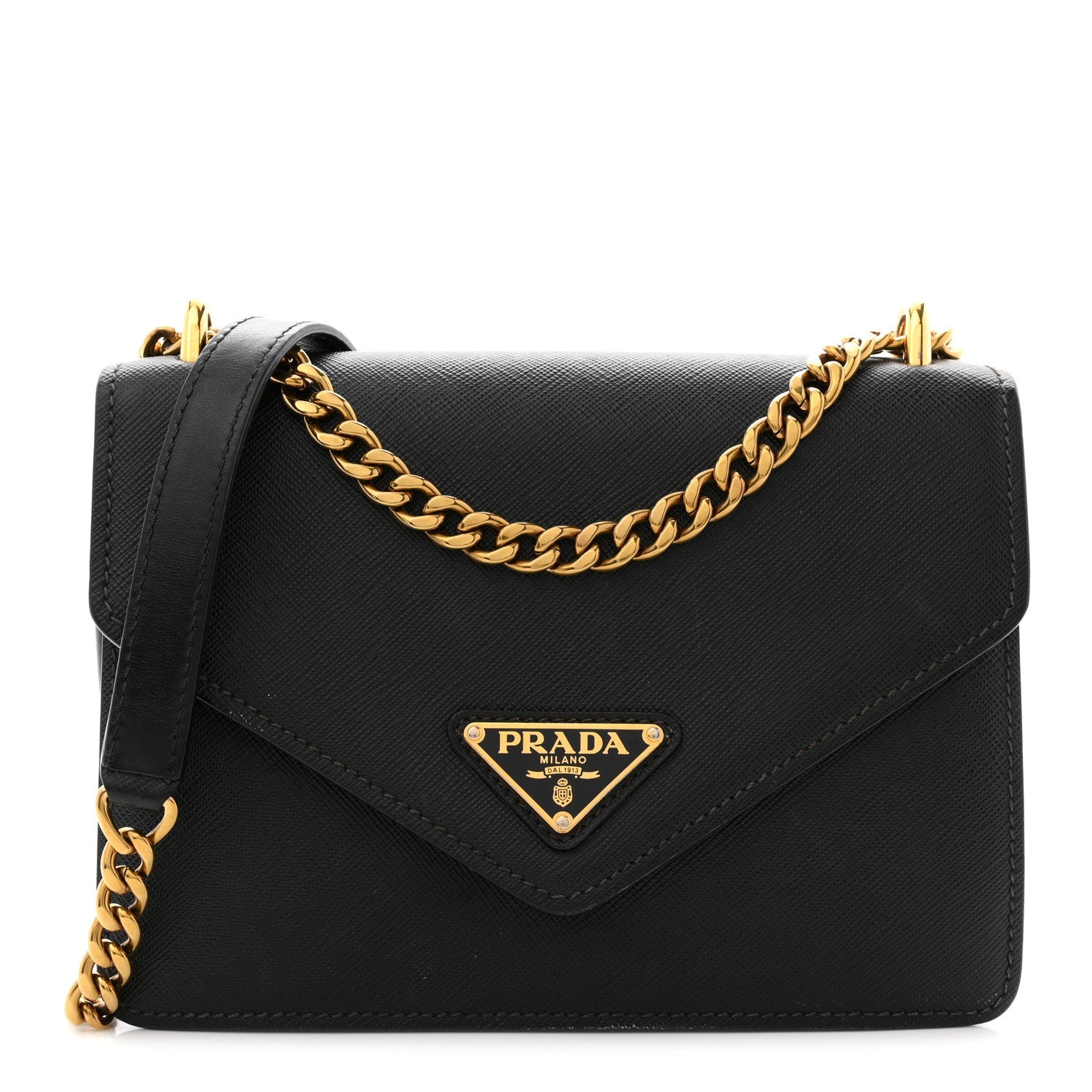 Prada Saffiano Soft Calfskin Metal Triangle Logo Envelope Chain Shoulder Bag Black