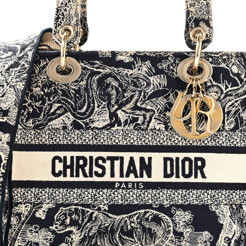 Christian Dior Canvas Toile De Jouy Embroidered Medium Lady D-Lite Navy