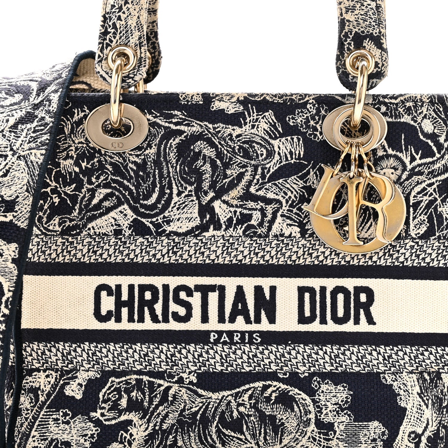 Christian Dior Canvas Toile De Jouy Embroidered Medium Lady D-Lite Navy