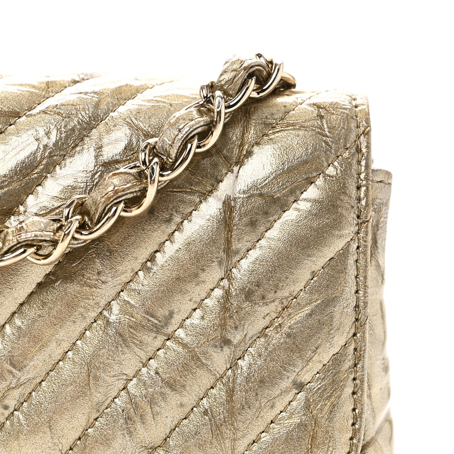 Chanel Patent Metallic Crumpled Calfskin Chevron Quilted Mini Square Flap Gold
