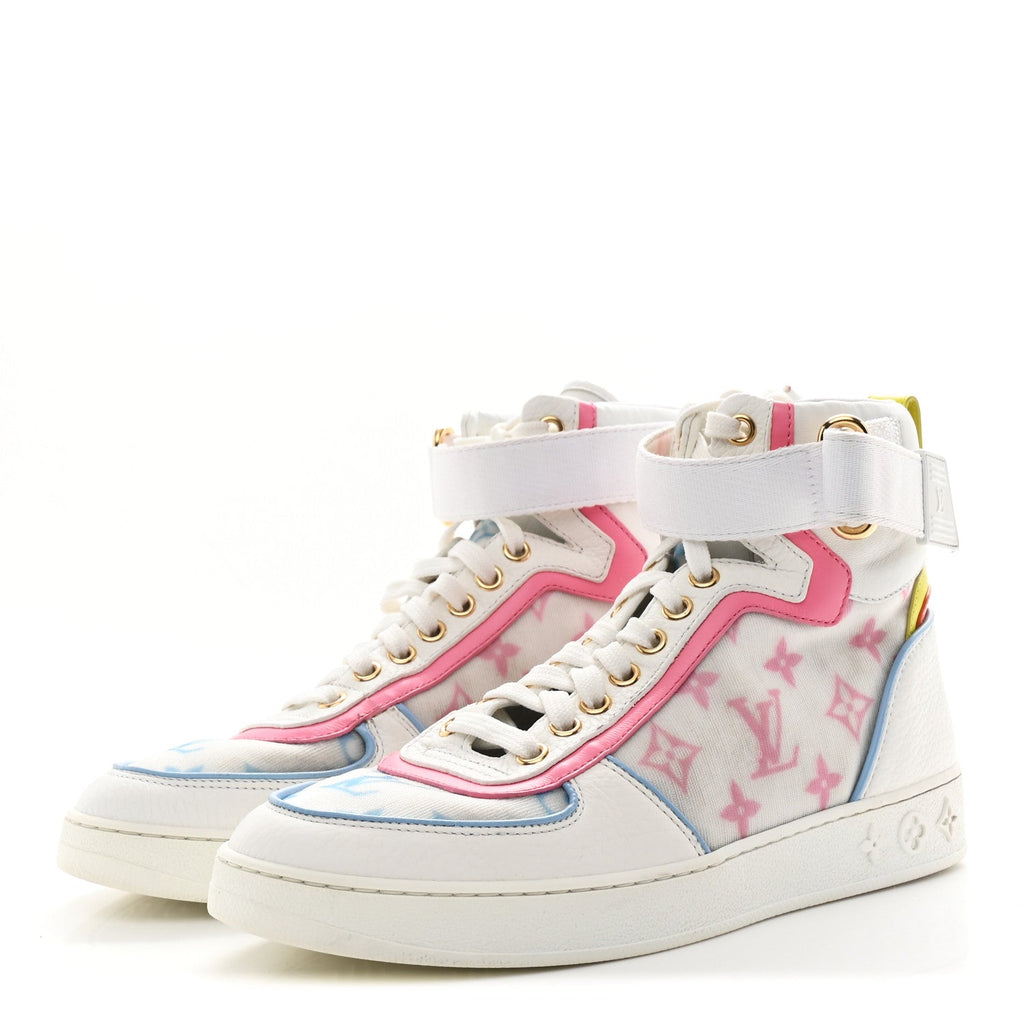 Louis Vuitton Calfskin Nylon Mesh Monogram Womens Boombox High Top Sneakers 37 Bleu Rose