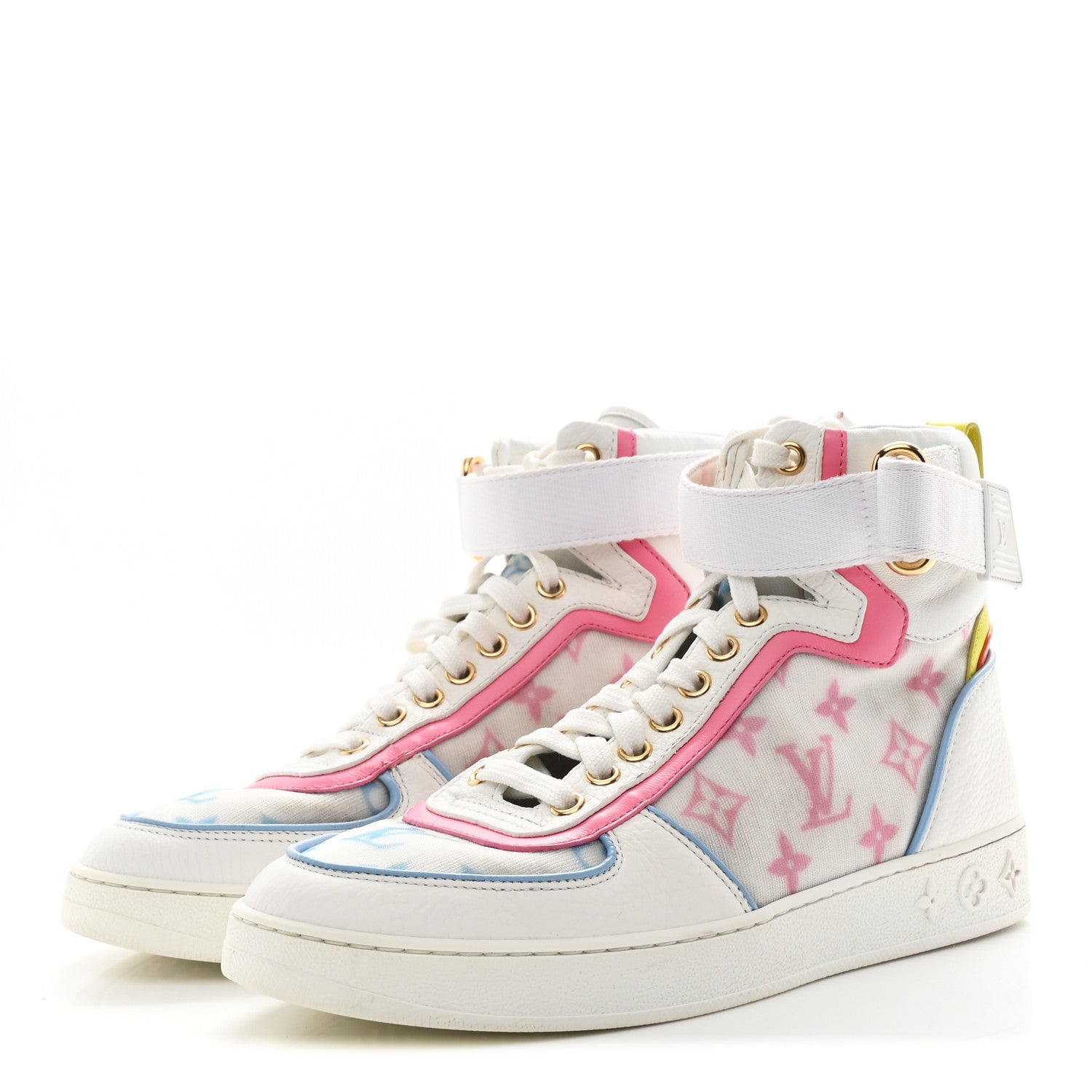 Louis Vuitton Calfskin Nylon Mesh Monogram Womens Boombox High Top Sneakers 37 Bleu Rose