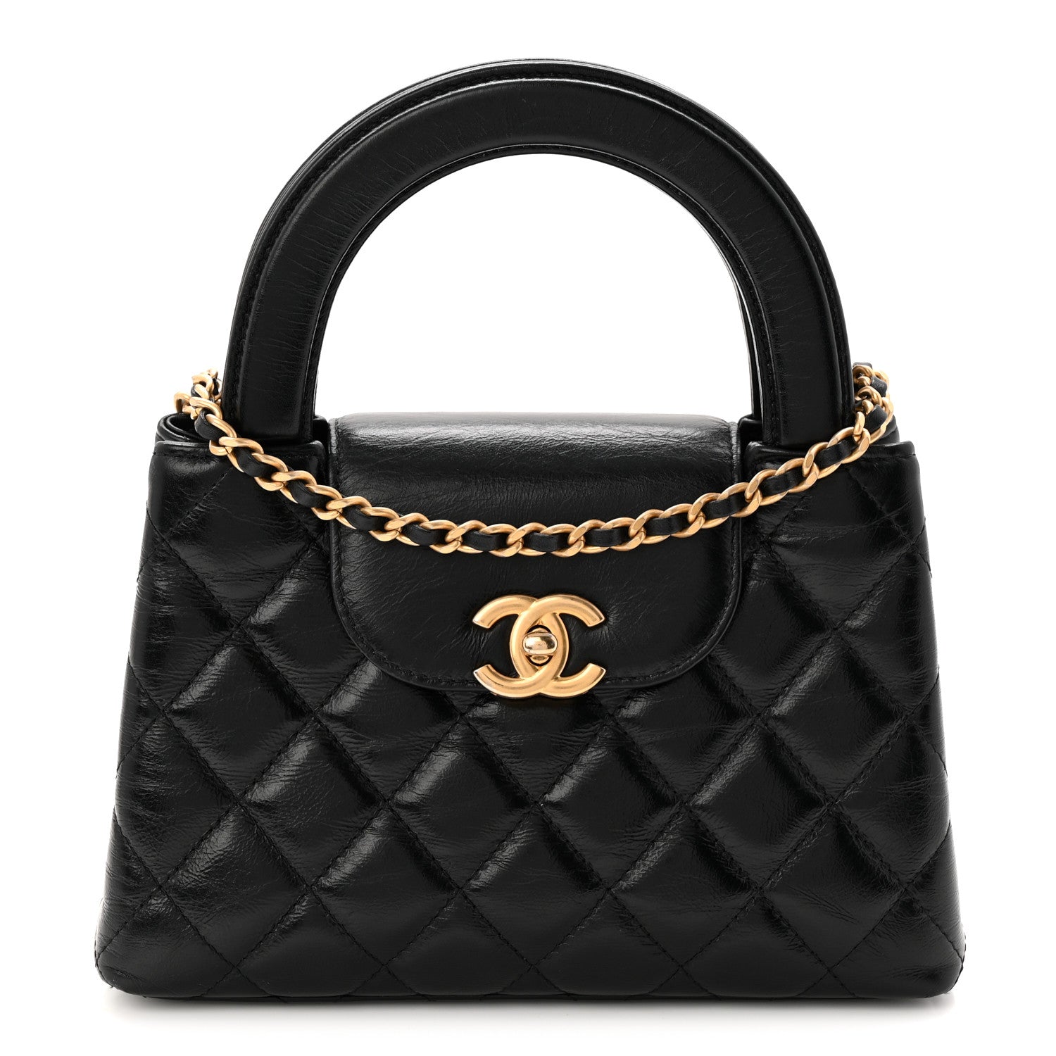 Chanel Shiny Aged Calfskin Quilted Nano Kelly Shopper Black