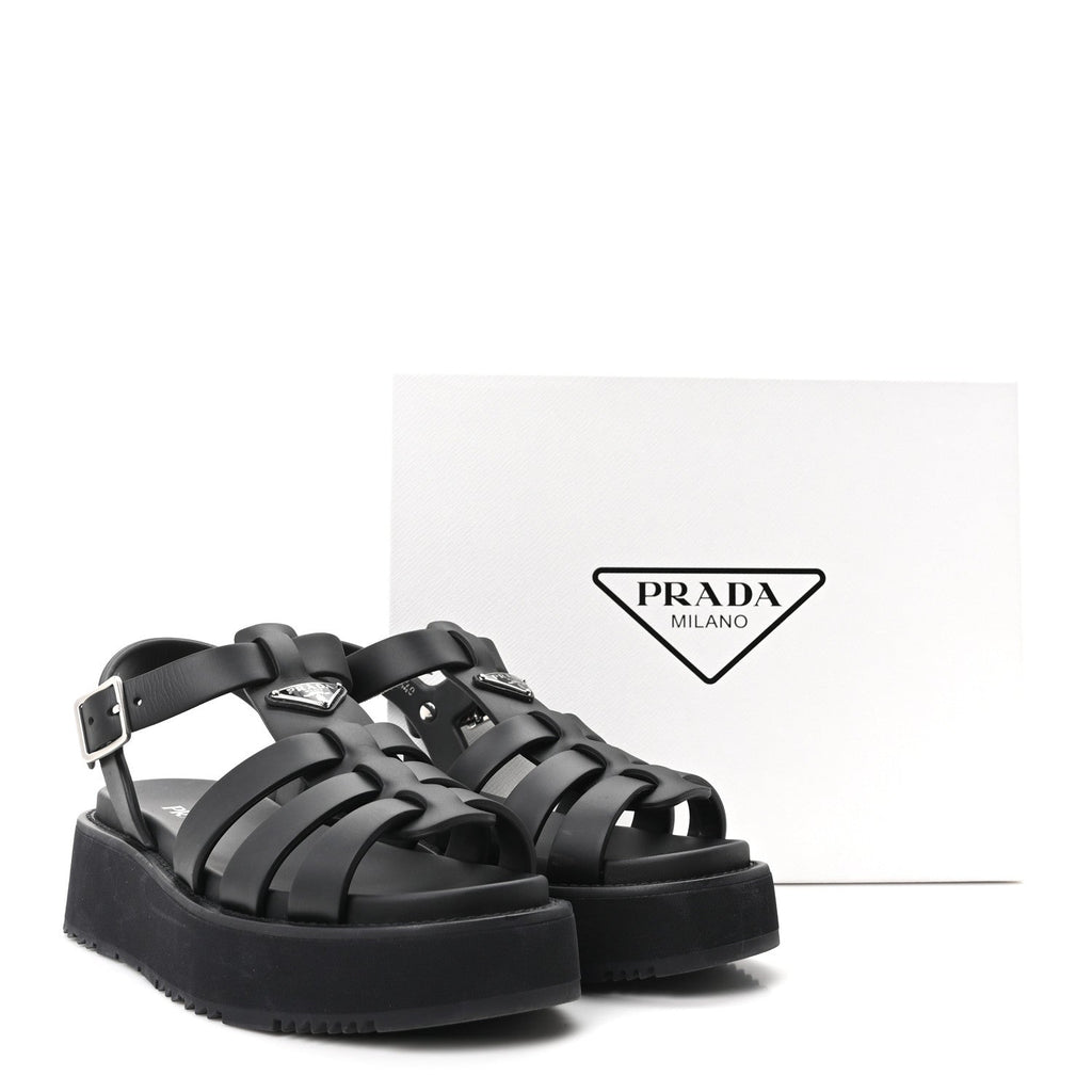 Prada Foam Rubber Metal Triangle Logo Soft Cage Women Sandals 40 Black