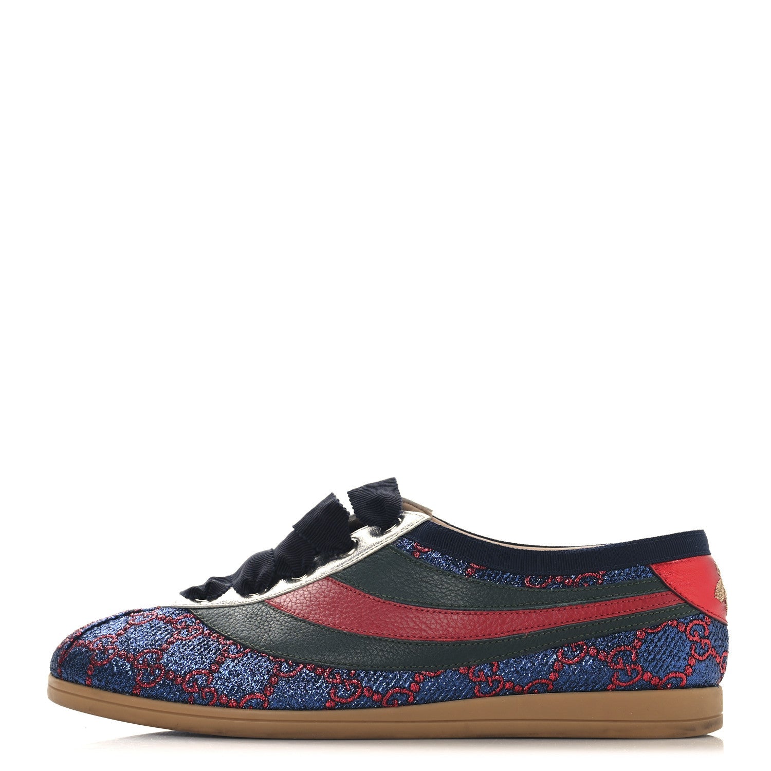 Gucci Lurex Calfskin Web GG Monogram Womens Falacer Sneakers 37 Iridescent Blue Iridescent Red Silver