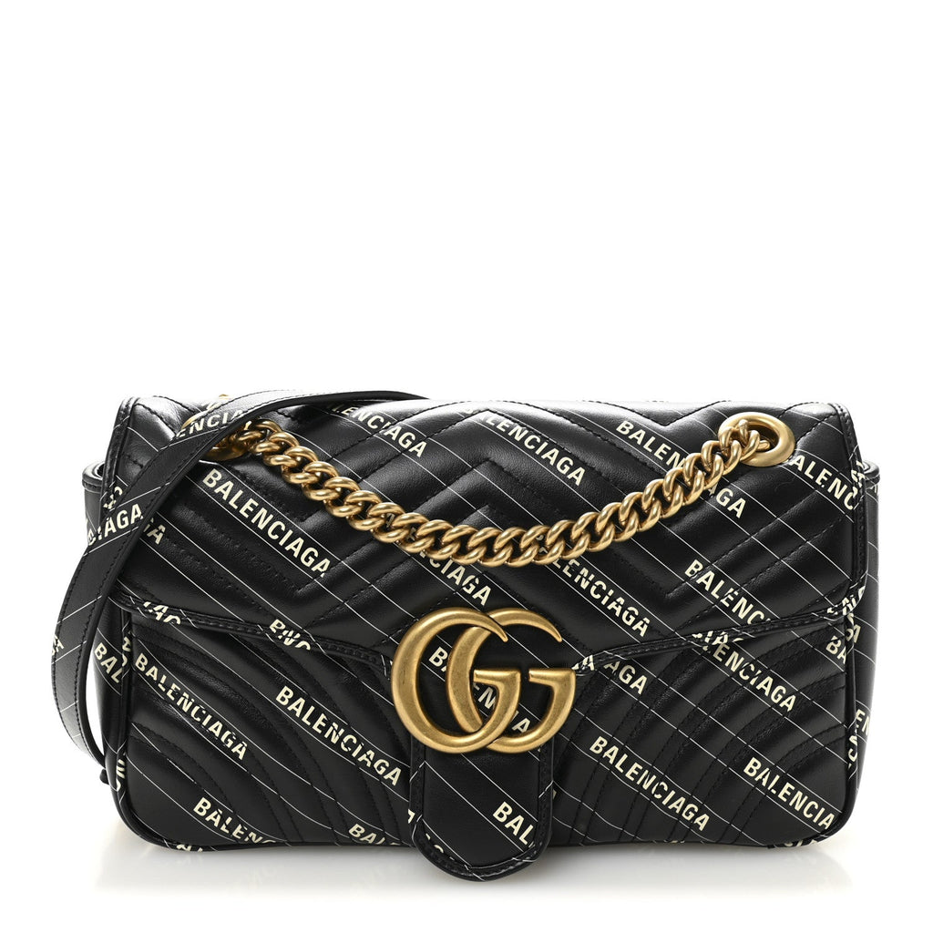 Gucci X BALENCIAGA Calfskin Matelasse Logo Print Small GG Marmont Shoulder Bag Black
