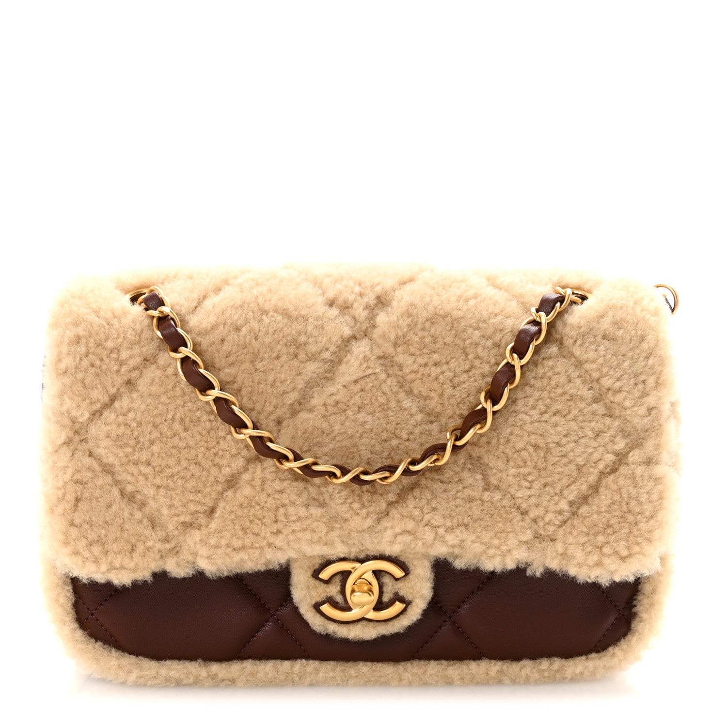 Chanel Shearling Lambskin Quilted Furry Coco Flap Beige Dark Brown
