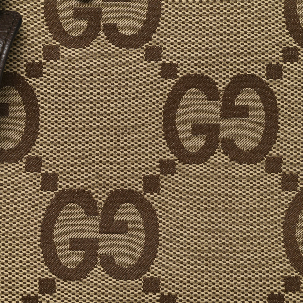 Gucci Monogram Jumbo GG Textured Dollar Calfskin Web Small Tote Bag Camel Ebony New Acero