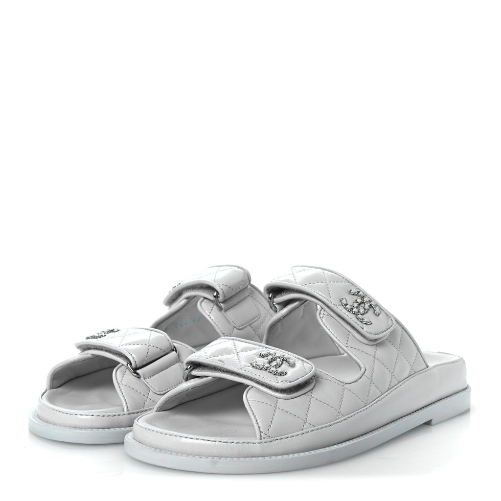 Laminated Lambskin Quilted Velcro Dad Chain CC Slide Sandals 37.5 Light Blue