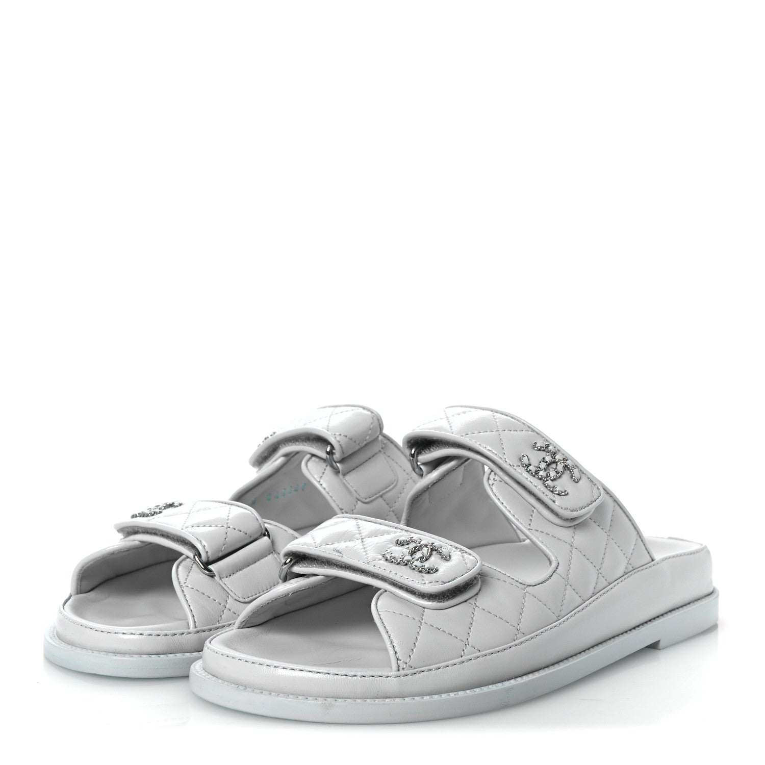 Laminated Lambskin Quilted Velcro Dad Chain CC Slide Sandals 37.5 Light Blue