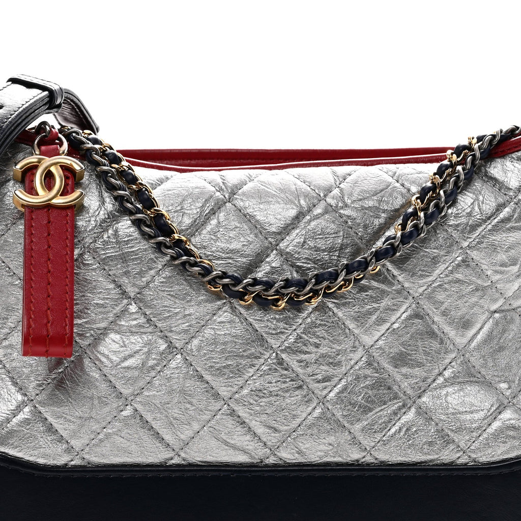 Chanel Metallic Aged Calfskin Quilted Medium Gabrielle Hobo Silver Navy Red