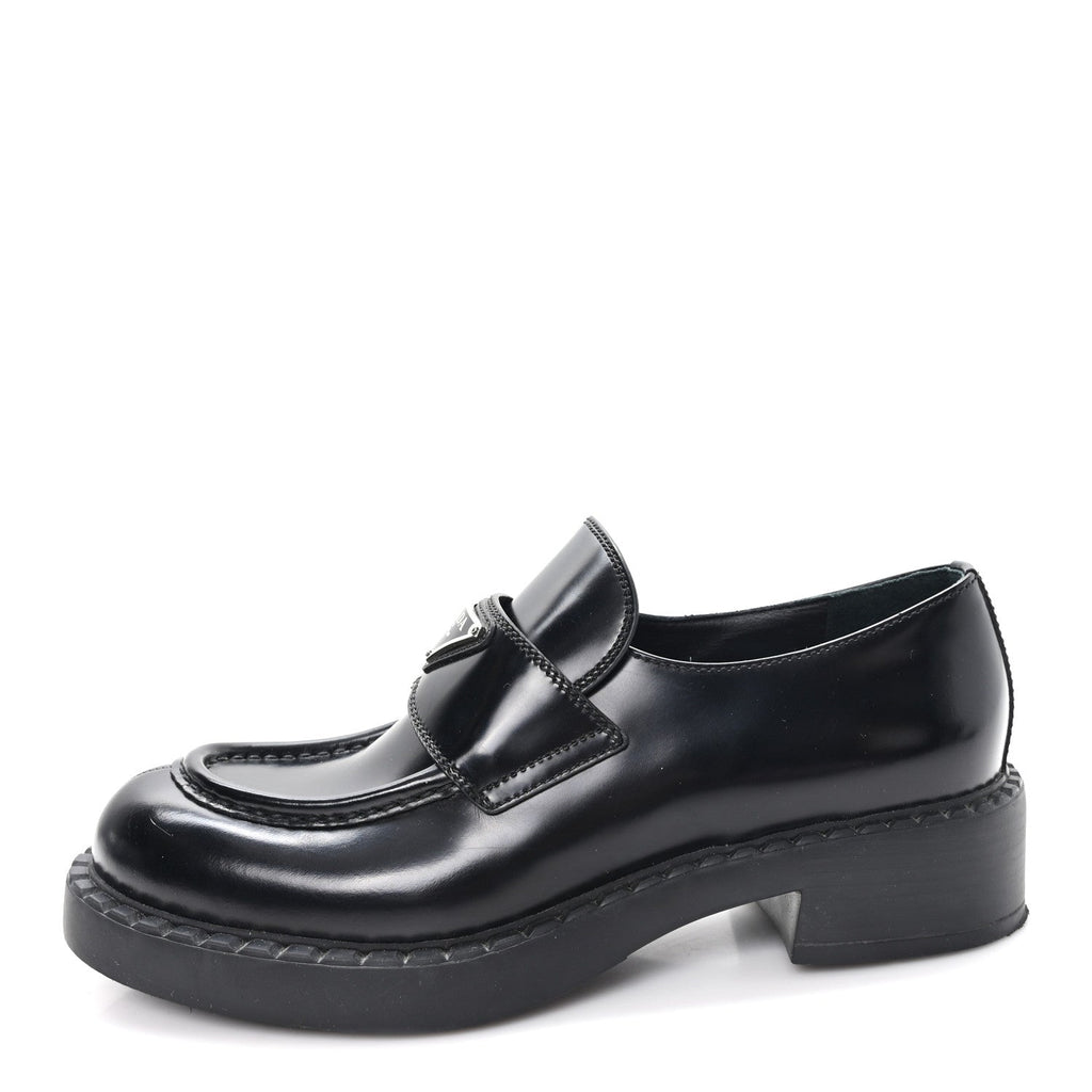 Prada Spazzolato Metal Triangle Logo 50mm Loafers 39 Black