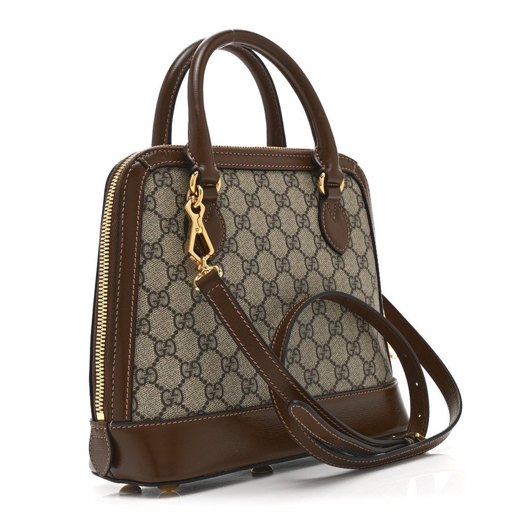 Gucci GG Supreme Monogram Azalea Calfskin Small Horsebit 1955 Top Handle Bag Beige Ebony Brown Sugar