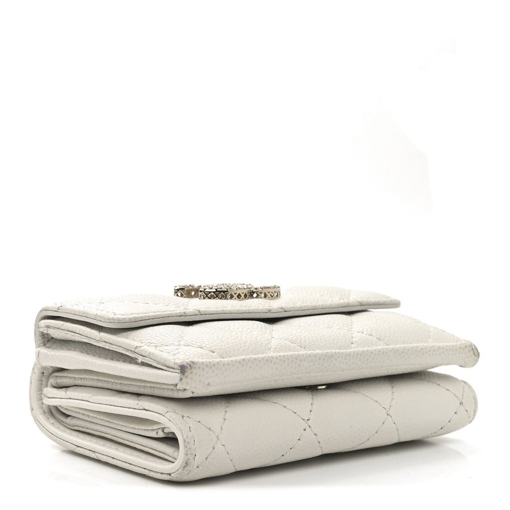 Caviar Quilted Crystal CC Small Flap Wallet White