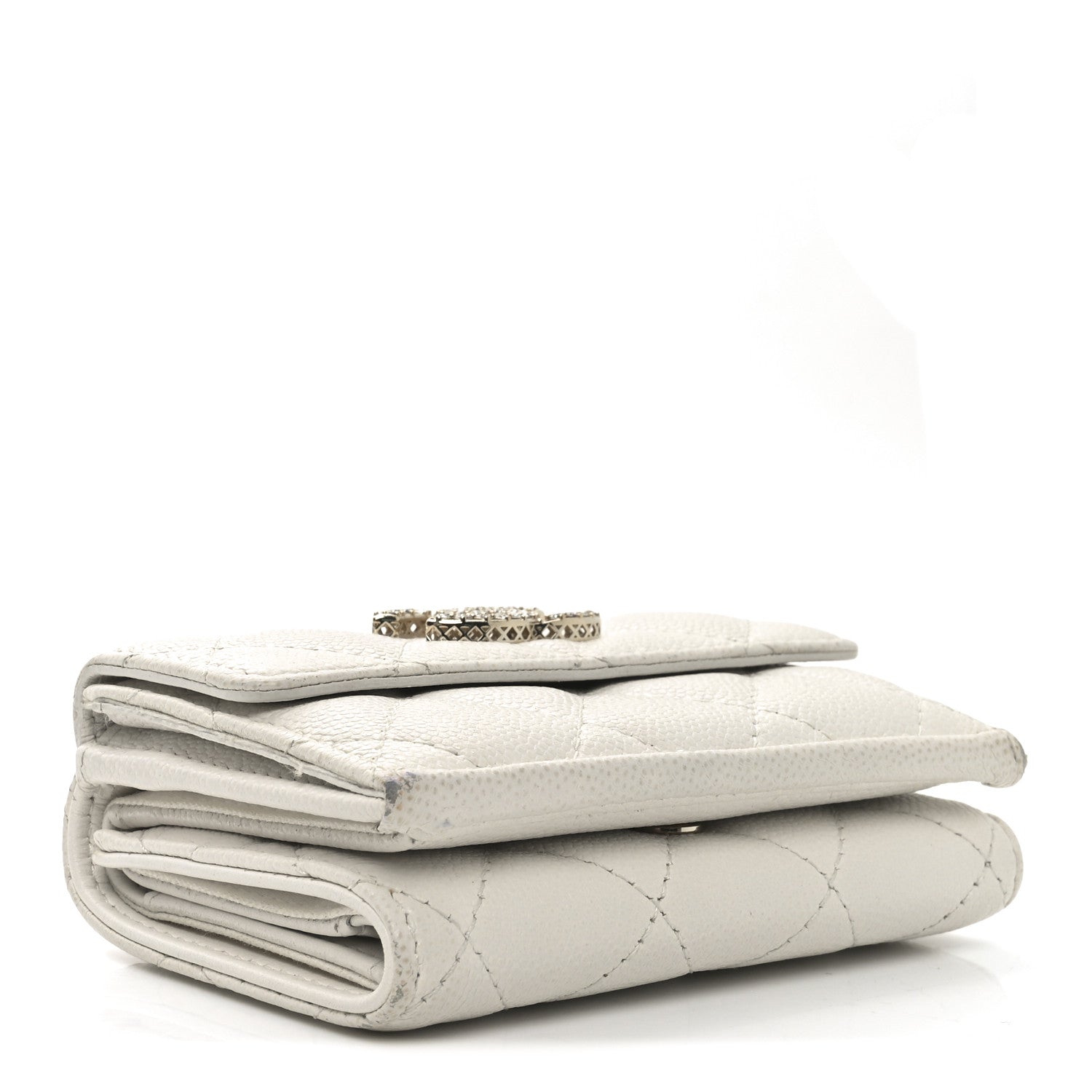 Caviar Quilted Crystal CC Small Flap Wallet White