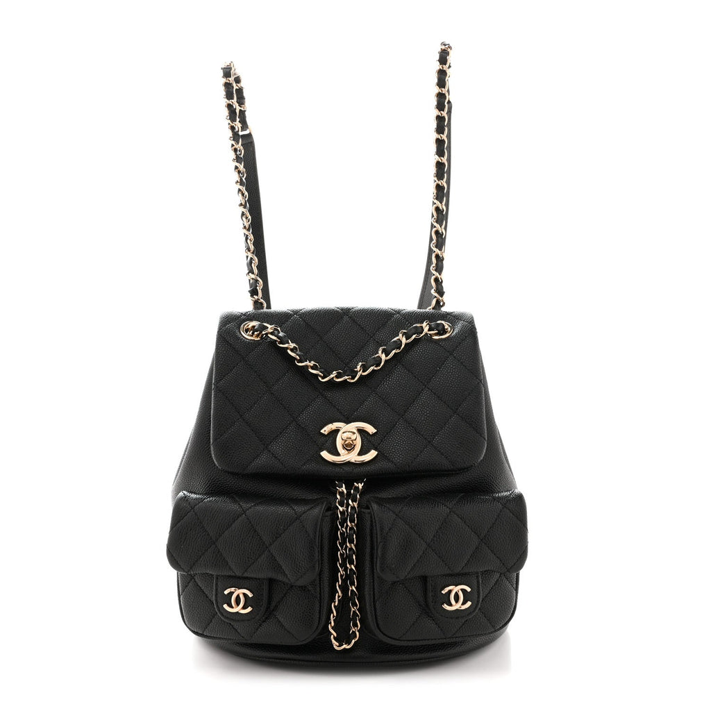 Chanel Shiny Caviar Quilted Medium Duma Pockets Drawstring Backpack Black