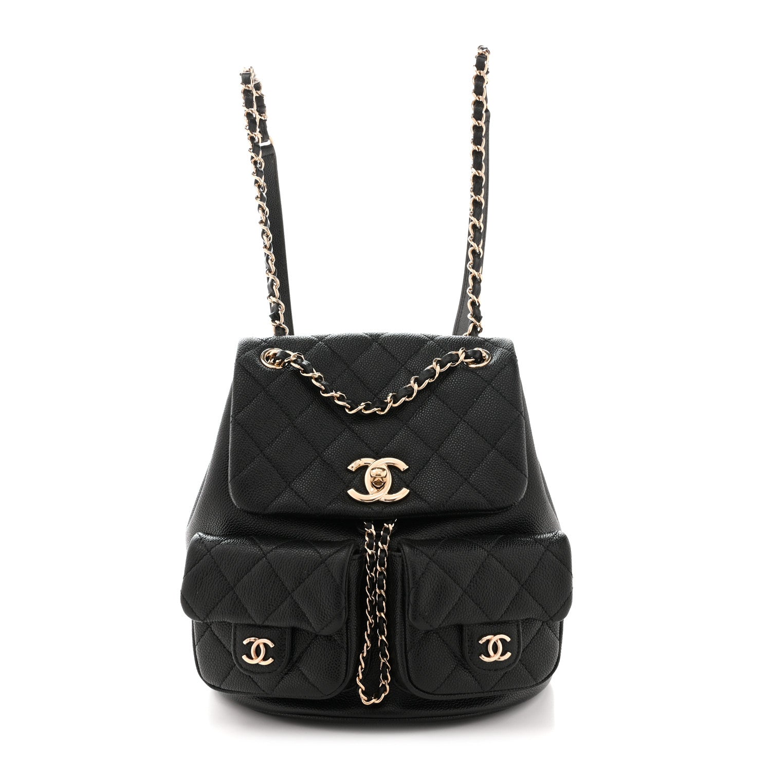Chanel Shiny Caviar Quilted Medium Duma Pockets Drawstring Backpack Black