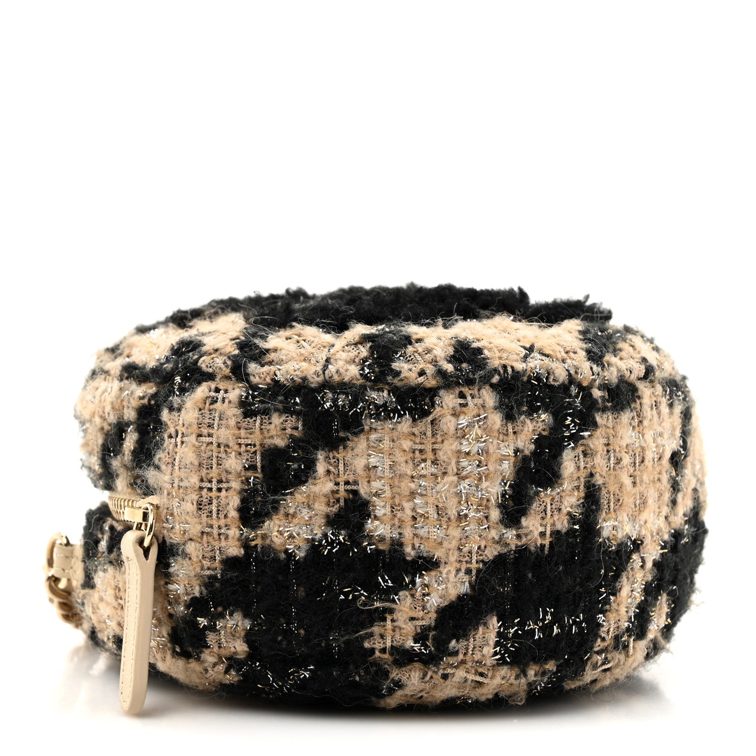 Chanel Tweed Shearling Round Clutch With Chain and Coin Purse Beige Black