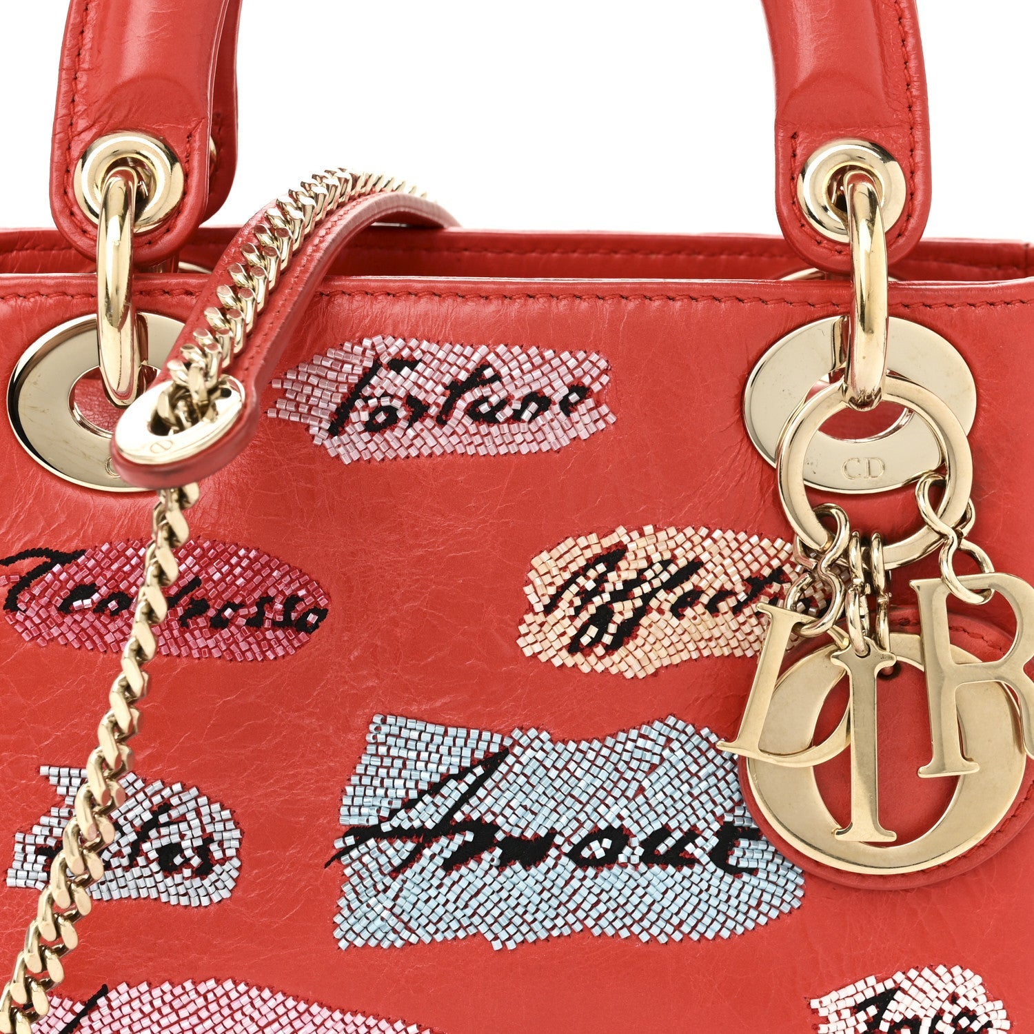 Christian Dior Calfskin Beaded Mini Lady Dior Rouge Multicolor