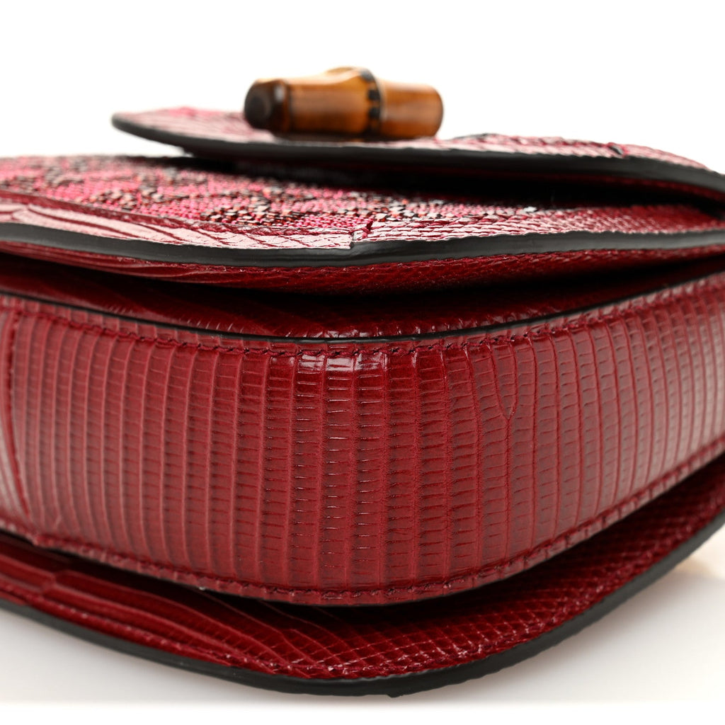 Gucci Moire Fabric Calfskin Rhinestone Monogram Monochrome Lizard Embossed Mini Bamboo 1947 Top Handle Chain Bag Red
