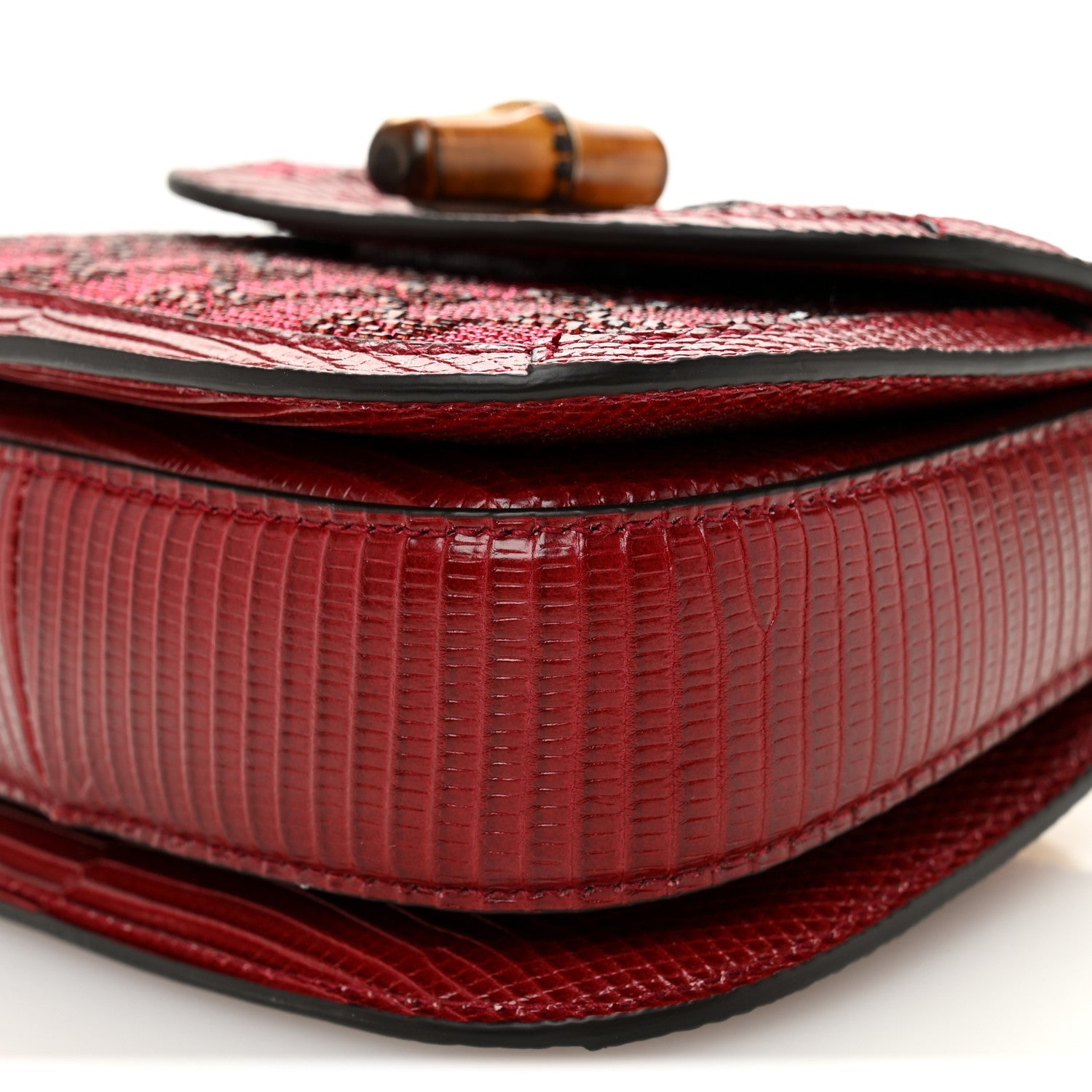 Gucci Moire Fabric Calfskin Rhinestone Monogram Monochrome Lizard Embossed Mini Bamboo 1947 Top Handle Chain Bag Red