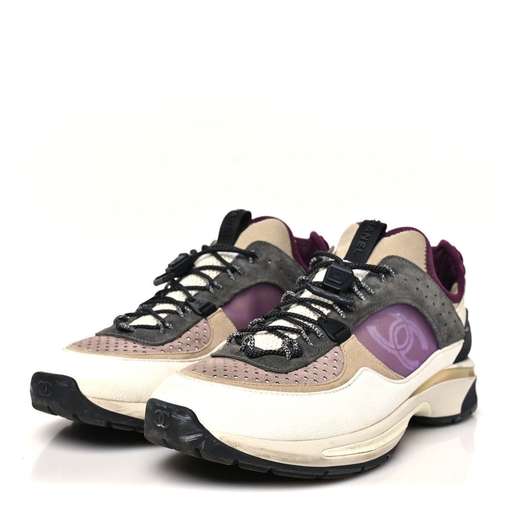 Fabric Suede Calfskin Mesh Womens CC Sneakers 42 White Grey Purple