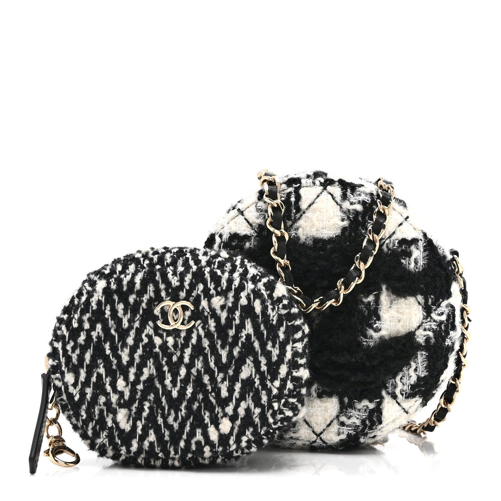 Chanel Wool Tweed Lambskin Quilted Round Clutch With Chain and Coin Purse Black White