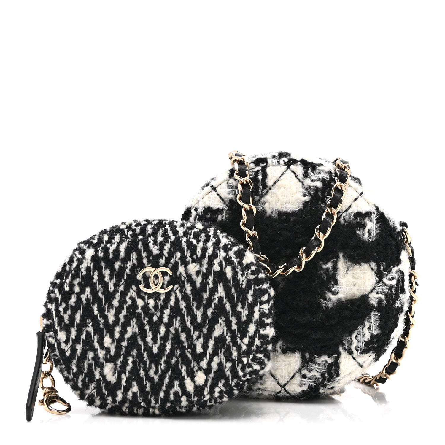 Chanel Wool Tweed Lambskin Quilted Round Clutch With Chain and Coin Purse Black White